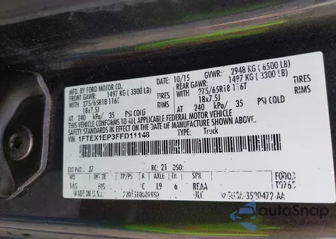 2015 Ford F-150 Xlt из США, поврежденный, VIN 1FTEX1EP3FFD11148